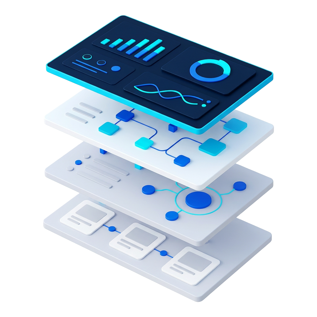 Connected software dashboards arranged in floating layers